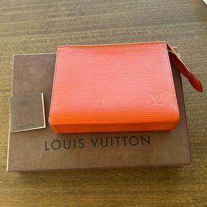 Rare Louis Vuitton orange epi leather clutch pouch with original box, care card